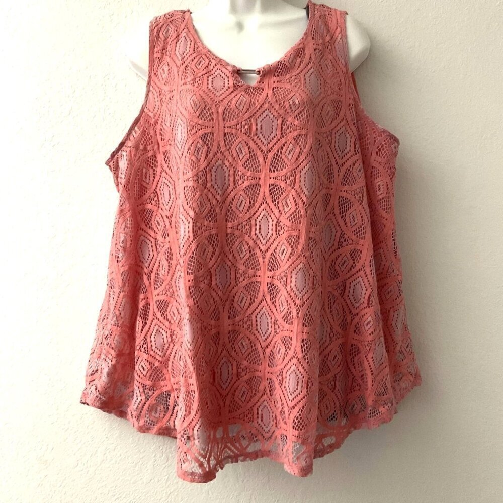 Cato Lace Overlay Coral Tank Top Plus Size 18/20W, EUC